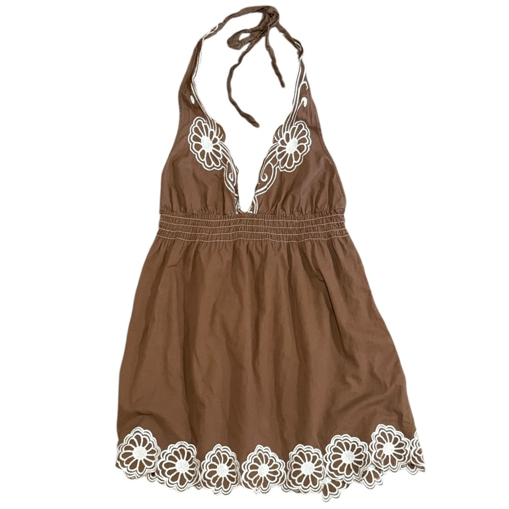 Vtg Y2K Floral Embroidered Halter Babydoll Top Sz 8 Brown Smocked Boho Festival